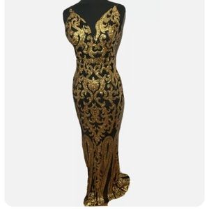 A. Peach gown dress black gold sequins prom L formal